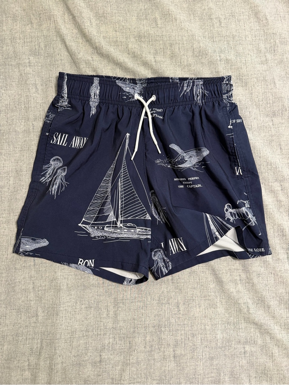 Hollister Navy and White Sailboat Print Swim Trunks